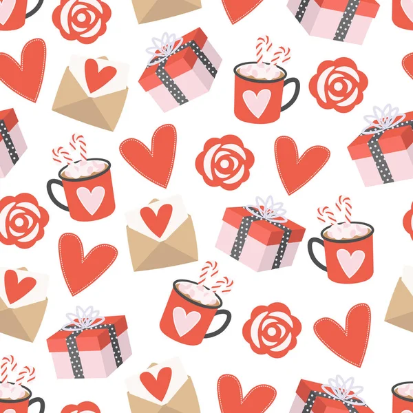 Cute Seamless Pattern Valentine Day Hearts Roses Mugs Background Gift — Stock Vector