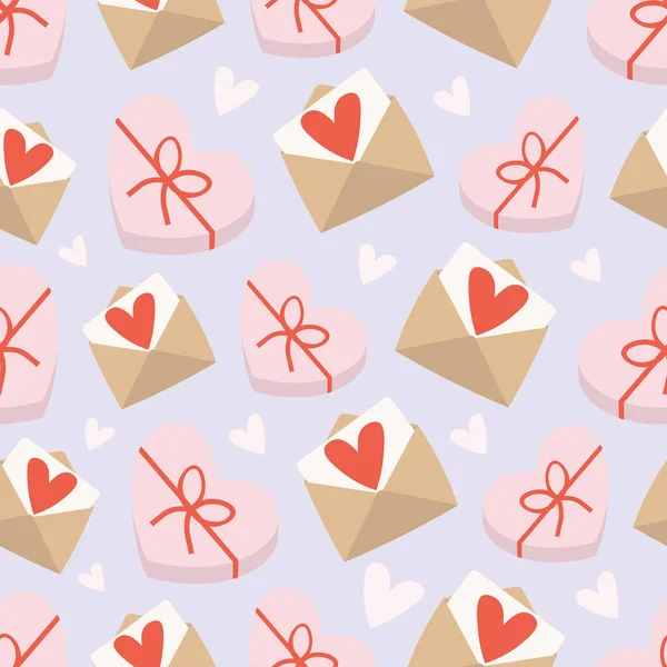 Sevgililer Günü 'nde kalpler, zarflar ve hediye kutularıyla harika bir desen. Hediye kutuları, ambalaj kağıtları, duvar kağıtları, tekstil, kağıtlar, kumaşlar için arka plan.