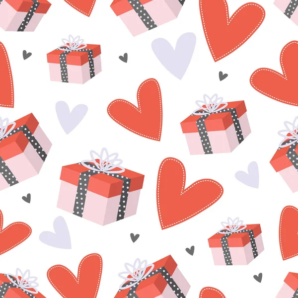 用爱心和礼品盒为情人节制作精美无缝的图案 礼品盒 包装纸 纺织品 织物的背景 — 图库矢量图片