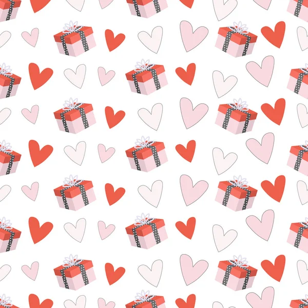    Sevgililer Günü 'nde kalpler ve hediye kutularıyla hoş, pürüzsüz bir desen. Hediye kutuları, ambalaj kağıtları, duvar kağıtları, tekstil, kağıtlar, kumaşlar için arka plan.