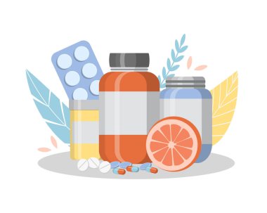 Bir şişe vitamin, tablet mevsimsel soğuk algınlığı için hap, tedavi, narenciyeli eczane. Düz biçim