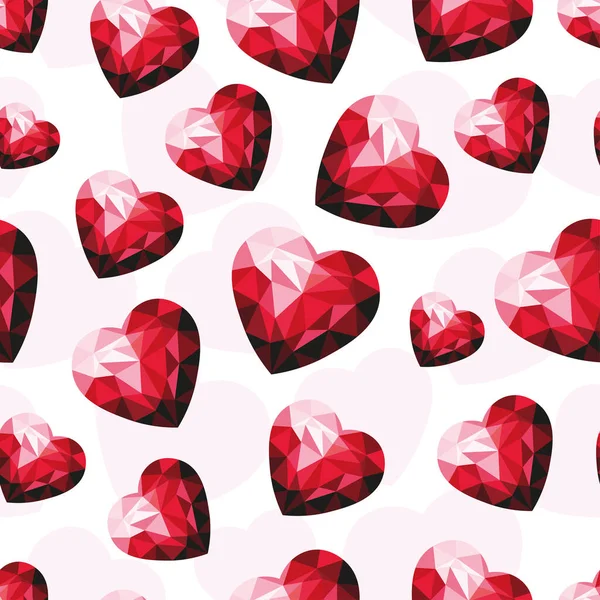 红色水晶和柔软的粉色心脏无缝图案 礼品盒 纺织品 网页的背景 — 图库矢量图片
