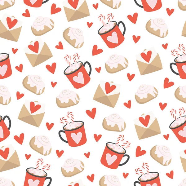 Cute Seamless Pattern Valentine Day Hearts Mugs Envelopes Cinnabons Background — Stock Vector