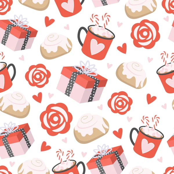 Cute Seamless Pattern Valentine Day Hearts Mugs Roses Cinnabons Gift — Stock Vector