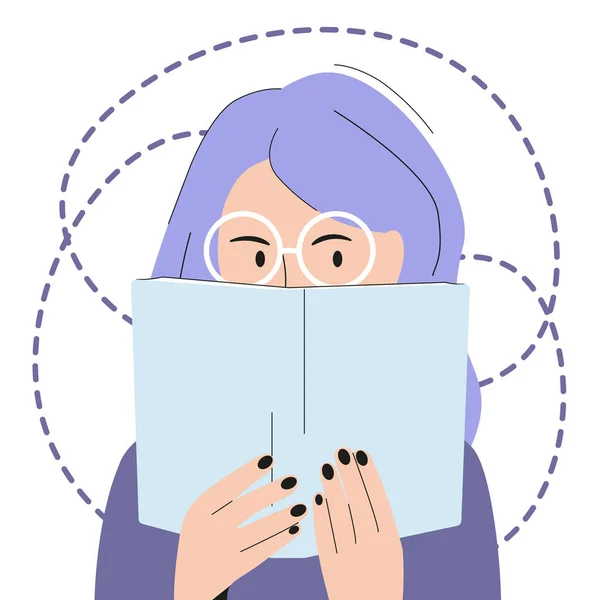 本を持つ紫髪の若い女の子 漫画風 — ストックベクタ