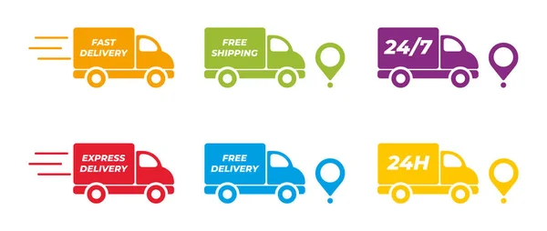 Teslimat simgeleri ayarlandı. Hızlı teslimat, ücretsiz teslimat, 24 saat, kamyon. Vektör illüstrasyonu
