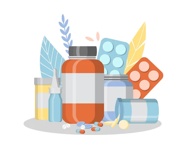 Bir şişe vitamin, tablet mevsimsel soğuk algınlığı için ilaç, tedavi, eczane. Düz biçim