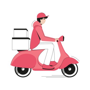 Teslimat servisi. Tatil teslimatı. Kurye bisikletle kutuları alıyor. Düz çizgi film biçimi.