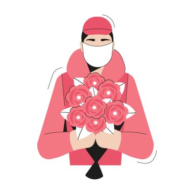 Çiçek teslimat servisi. Çiçek teslimatı. Gülleri tutan kurye. Düz çizgi film biçimi.