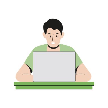 Dizüstü bilgisayarı olan ya da evde çalışan bir adam. Laptop kullanıyorum. Çizgi film tarzı. Vektör illüstrasyonu. 