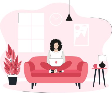   Kanepede oturan, çalışan ya da evde takılan bir kız. Laptop kullanıyorum. Düz stil. Vektör illüstrasyonu.