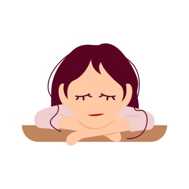 Masada uyuyan yorgun kız. Çizgi film tarzında vektör illüstrasyonu