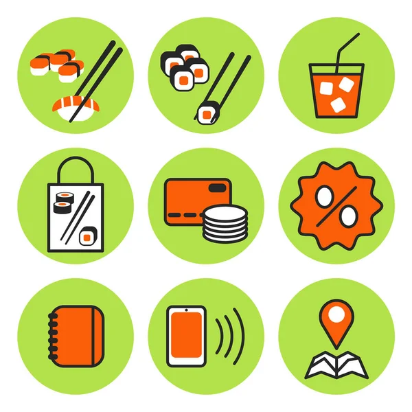 Suşi simgeleri yeşil arkaplanda ayarlandı