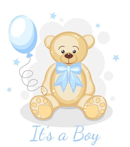 Jest Chłopiec Cute Niedźwiedź Niebieskim Balonem Gwiazdami Tło Dla Baby — Wektor stockowy