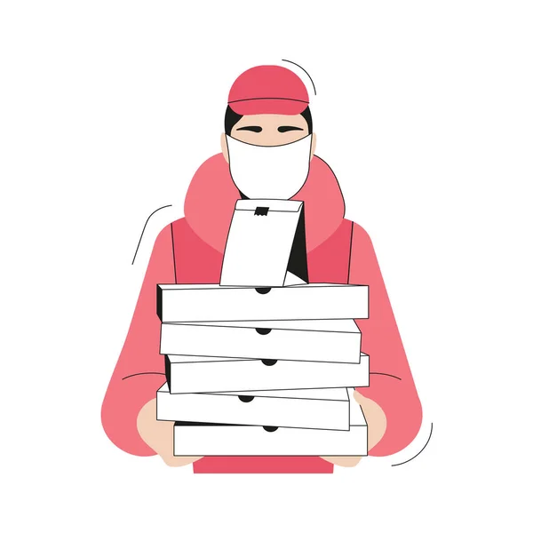 Pizza teslimatı. Pizza kutularını tutan kurye. Düz çizgi film biçimi.