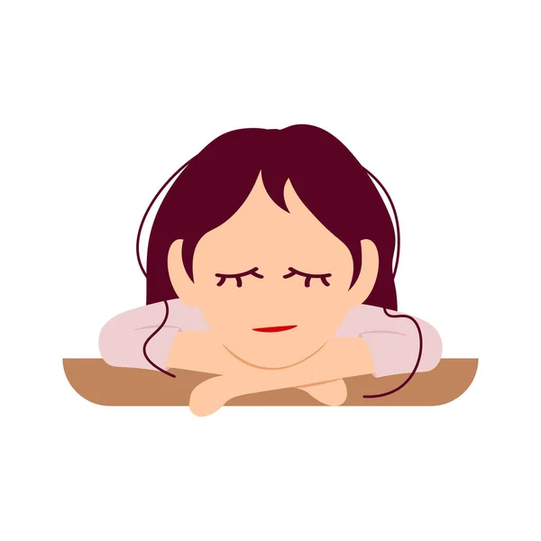 Masada uyuyan yorgun kız. Çizgi film tarzında vektör illüstrasyonu