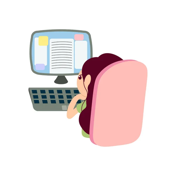 Evde çalışan bir kız. Uzaktan kumanda. Çizgi film tarzında vektör illüstrasyonu