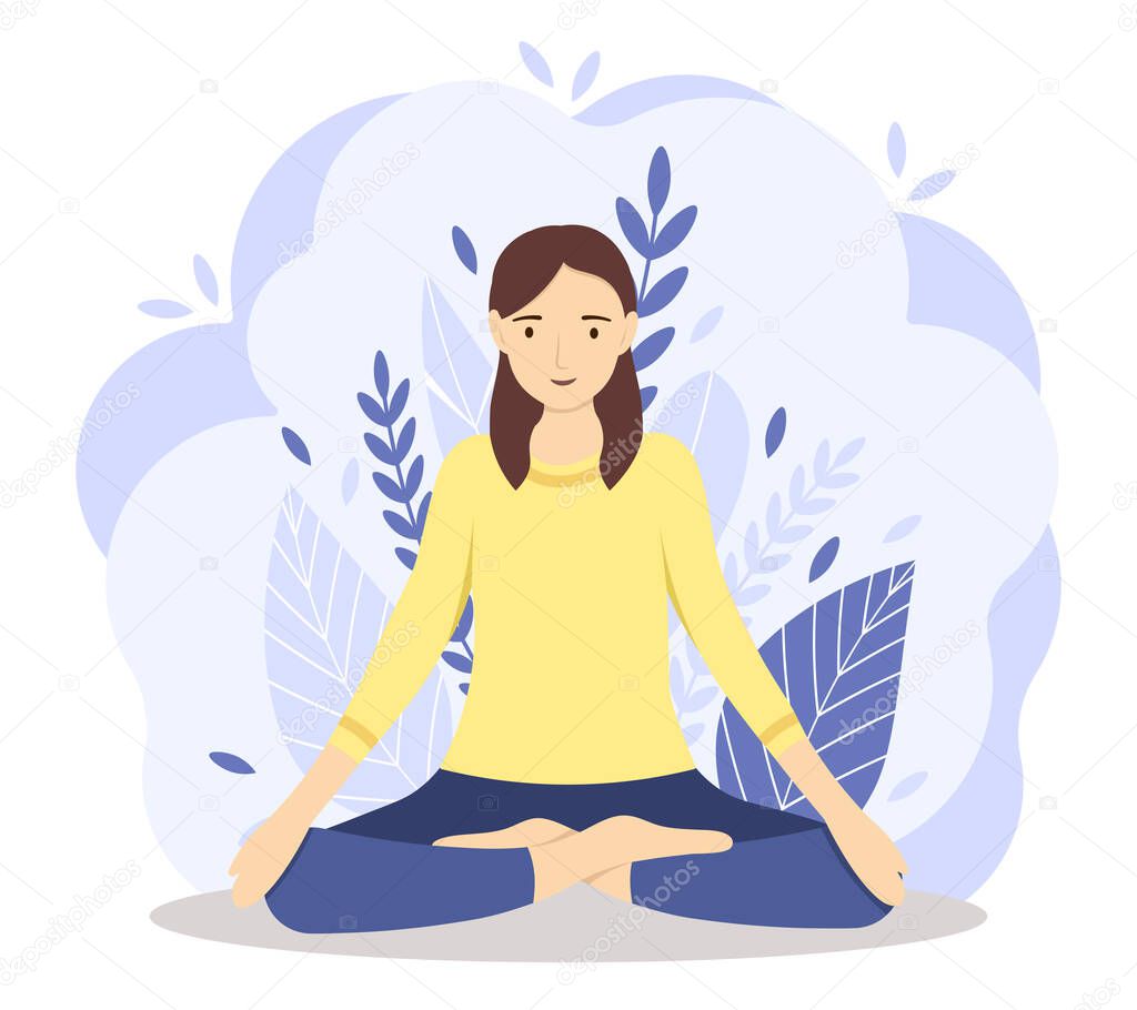 Girl, sitting in nature and meditating. Illustration for yoga, meditation, posters, cards. Vector illustration, flat style.
