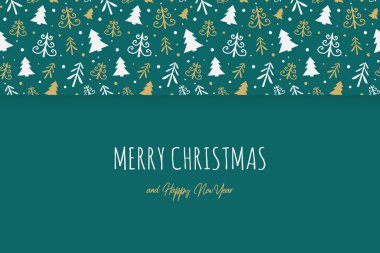 Elle çizilmiş ağaçlarla dolu Noel tebrik kartı. Vektör