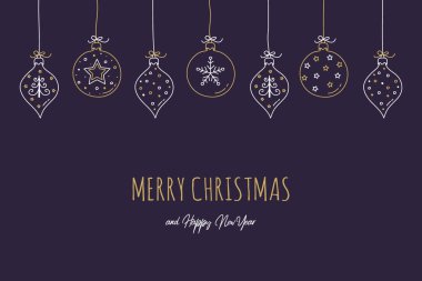 Xmas tebrik kartı. Noel toplarını elle çizilmiş süslemelerle asma kavramı. Vektör