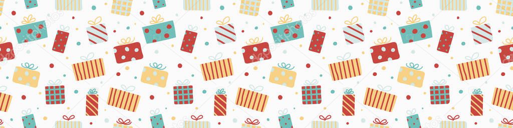 Christmas pattern with hand drawn gift boxes. Panoramic header. Vector