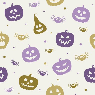 Cadılar Bayramı desenli tüyler ürpertici balkabakları ve örümcekler. Kusursuz bir doku. Vektör