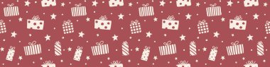 Elle çizilmiş hediye kutularıyla Noel deseni. Panoramik başlık. Vektör