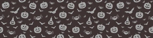 Banner Funny Pumpkin Lanterns Bats Spiders Halloween Seamless Pattern Vector — Stock Vector