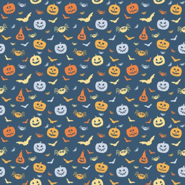 Cadılar Bayramı desenli komik balkabakları, yarasalar ve örümcekler. Duvar kağıdı. Vektör