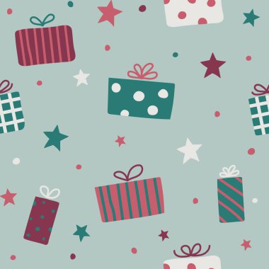 Elle çizilmiş Noel desenli hediye kutuları. Xmas ambalaj kağıdı konsepti. Vektör