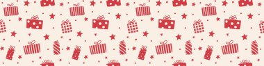 Elle çizilmiş hediye kutularıyla Noel deseni. Panoramik başlık. Vektör