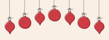 Asılı el çizilmiş Noel topları. Pankart. Vektör