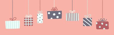 El yazısı asılmış Noel afişi hediye kutuları. Vektör