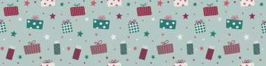 Noel hediye kutularıyla kusursuz desenli tasarım. Panoramik başlık. Vektör