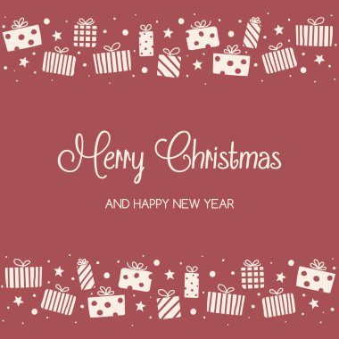 Elle çizilmiş hediye kutularıyla Xmas tebrik kartı. Noel tasarımı. Vektör