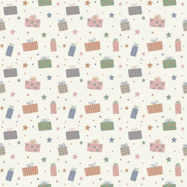 Noel hediye kutularıyla kusursuz desen kavramı. Xmas geçmişi. Vektör