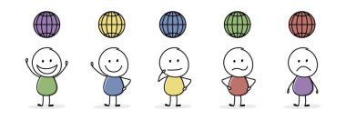 Küre sembollü komik adamlar. Simge koleksiyonu. Vektör