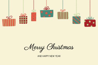 Noel hediye kutuları ve dilekleri asılı olan tebrik kartı. Vektör