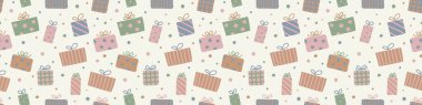 Elle çizilmiş hediye kutularıyla Noel deseni. Panoramik başlık. Vektör