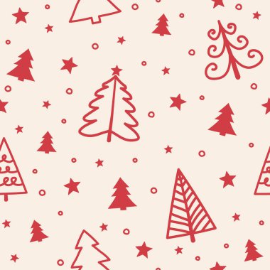 Elle çizilmiş ağaçlarla Noel deseni. Xmas ambalaj kağıdı konsepti. Vektör