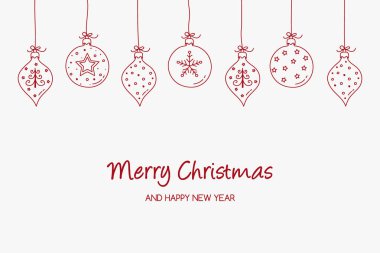 Noel kartında asılı toplar ve el çizimi süslemeler var. Vektör