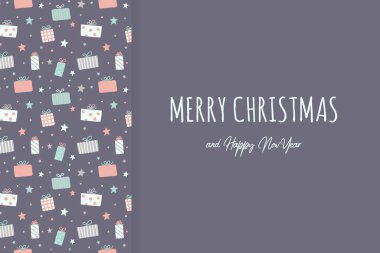 Elle çizilmiş hediye kutularıyla Noel tebrik kartı. Vektör