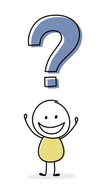 Soru işareti ikonu olan mutlu çizgi film işadamı. Vektör