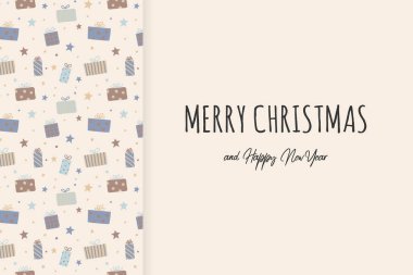 Noel hediye kutuları ve dilekleri olan tebrik kartı. Vektör