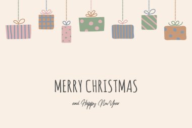 İçinde Noel hediyesi kutuları ve dilekleri olan bir kart tasarımı. Vecto