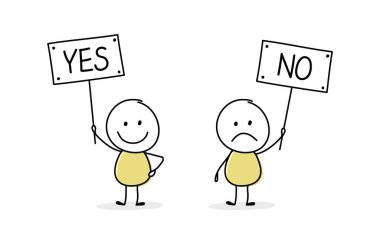 Evet ve hayır. Tabağı olan bir adam. Vektör