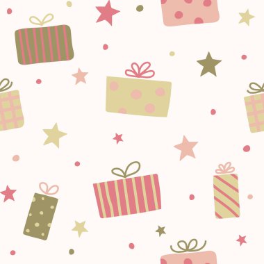 Elle çizilmiş hediye kutularıyla Noel deseni. Vektör