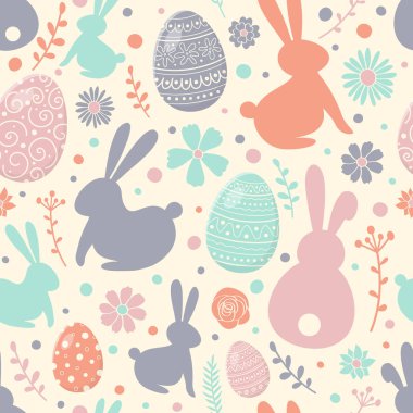 Renkli yumurtalar, tavşanlar ve çiçeklerle Paskalya kompozisyonu. Kusursuz desen. Vektör