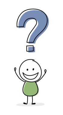 Soru işareti ikonu olan mutlu çizgi film işadamı. Vektör