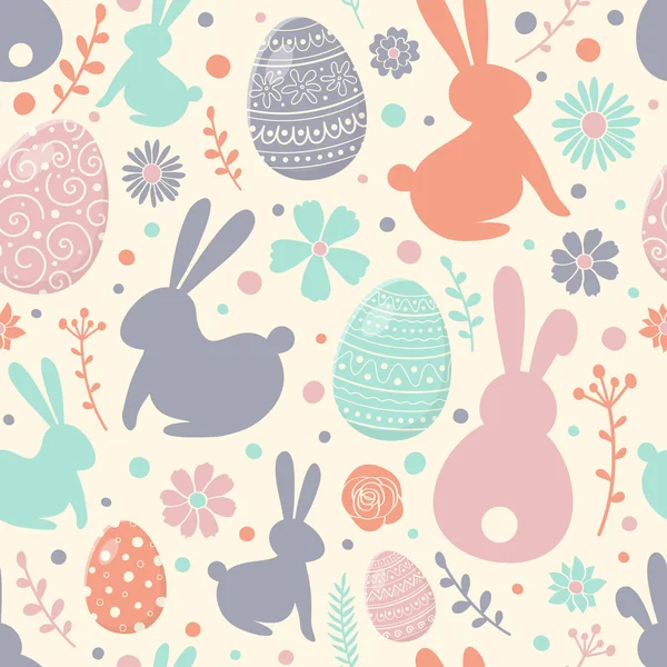 Composición Pascua Con Coloridos Huevos Conejos Flores Patrón Sin Costuras — Vector de stock